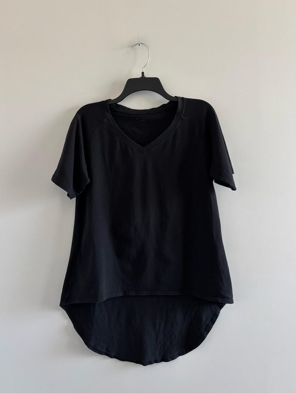 ELI T-Shirt Black Short Sleeve Pima Cotton High Low Women L Minimalist Lagenlook